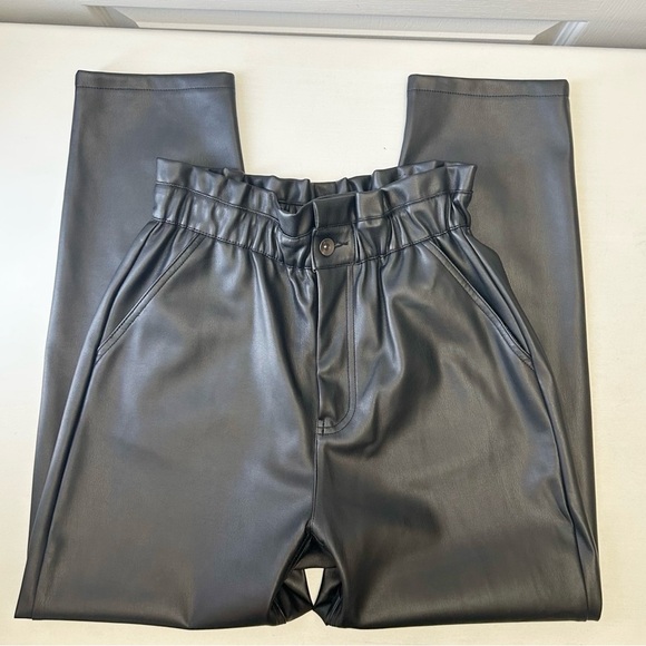 Zara Women's Black Faux Leather Baggy High-Waisted Paperbag Trouser Pants Size 2 - Picture 14 of 16